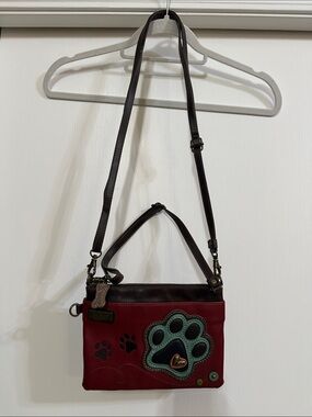 Chala Red Crossbody Paw Applique Bag with Brown Trim
